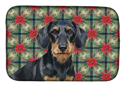 Wirehaired Black and Tan Dachshund Christmas PoinsettIas Dish Drying Mat Absorbent Dish Drying Mat Pad for Kitchen Counter Dish Drainer Mat for Counte