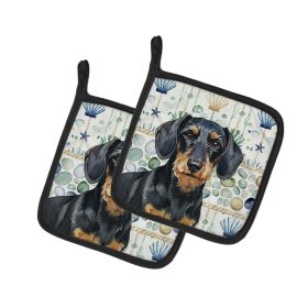 Wirehaired Black and Tan Dachshund Coastal Sea Glass Pair of Pot Holders Pair 7.5x7.5 Quilted Insulated Hot Pads Decorative Kitchen Gift Made in USA