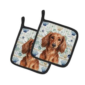 Longhaired Red Dachshund Coastal Sea Glass Pair of Pot Holders Pair 7.5x7.5 Quilted Insulated Hot Pads Decorative Kitchen Gift Made in USA