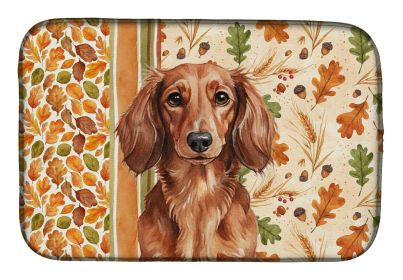 Longhaired Red Dachshund Heirloom Fall Dish Drying Mat Absorbent Dish Drying Mat Pad for Kitchen Counter Dish Drainer Mat for Countertop, 14 x 21"