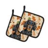 Longhaired Black and Tan Dachshund Heirloom Fall Pair of Pot Holders Pair 7.5x7.5 Quilted Insulated Hot Pads Decorative Kitchen Gift Made in USA