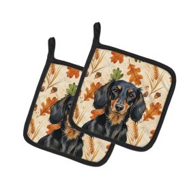 Longhaired Black and Tan Dachshund Heirloom Fall Pair of Pot Holders Pair 7.5x7.5 Quilted Insulated Hot Pads Decorative Kitchen Gift Made in USA