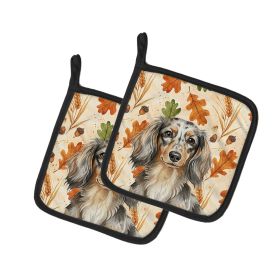 Longhaired Dapple Dachshund Heirloom Fall Pair of Pot Holders Pair 7.5x7.5 Quilted Insulated Hot Pads Decorative Kitchen Gift Made in USA