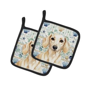 Cream Dachshund Coastal Sea Glass Pair of Pot Holders Pair 7.5x7.5 Quilted Insulated Hot Pads Decorative Kitchen Gift Made in USA