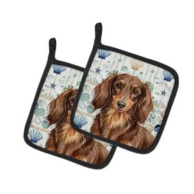 Longhaired Chocolate and Tan Dachshund Coastal Sea Glass Pair of Pot Holders Pair 7.5x7.5 Quilted Insulated Hot Pads Decorative Kitchen Gift Made in U