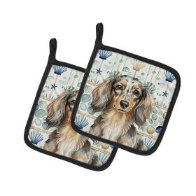 Longhaired Dapple Dachshund Coastal Sea Glass Pair of Pot Holders Pair 7.5x7.5 Quilted Insulated Hot Pads Decorative Kitchen Gift Made in USA