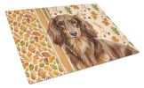 Longhaired Chocolate and Tan Dachshund Heirloom Fall Glass Cutting Board Decorative Tempered Glass Kitchen Cutting and Serving Board Large Size Choppi