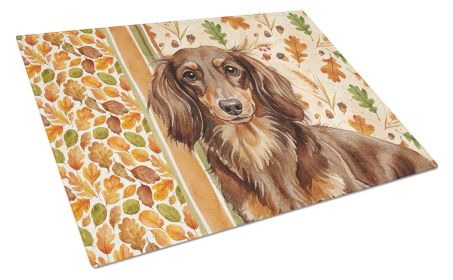 Longhaired Chocolate and Tan Dachshund Heirloom Fall Glass Cutting Board Decorative Tempered Glass Kitchen Cutting and Serving Board Large Size Choppi