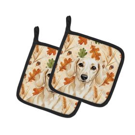Cream Dachshund Heirloom Fall Pair of Pot Holders Pair 7.5x7.5 Quilted Insulated Hot Pads Decorative Kitchen Gift Made in USA