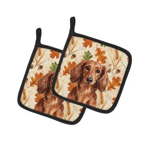 Longhaired Red Dachshund Heirloom Fall Pair of Pot Holders Pair 7.5x7.5 Quilted Insulated Hot Pads Decorative Kitchen Gift Made in USA