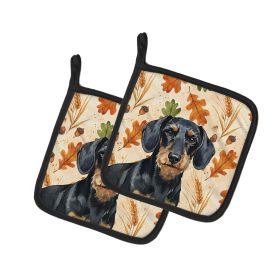 Wirehaired Black and Tan Dachshund Heirloom Fall Pair of Pot Holders Pair 7.5x7.5 Quilted Insulated Hot Pads Decorative Kitchen Gift Made in USA