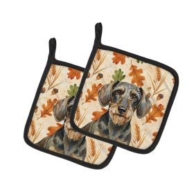 Wirehaired Wild Boar Dachshund Heirloom Fall Pair of Pot Holders Pair 7.5x7.5 Quilted Insulated Hot Pads Decorative Kitchen Gift Made in USA