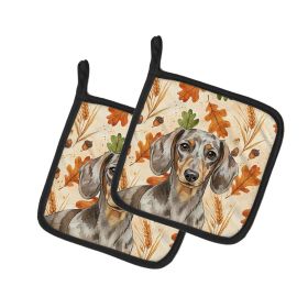 Dapple Dachshund Heirloom Fall Pair of Pot Holders Pair 7.5x7.5 Quilted Insulated Hot Pads Decorative Kitchen Gift Made in USA