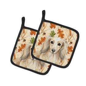 Longhaired Cream Dachshund Heirloom Fall Pair of Pot Holders Pair 7.5x7.5 Quilted Insulated Hot Pads Decorative Kitchen Gift Made in USA
