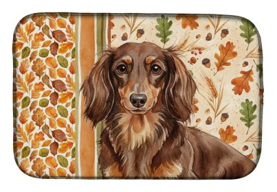 Longhaired Chocolate and Tan Dachshund Heirloom Fall Dish Drying Mat Absorbent Dish Drying Mat Pad for Kitchen Counter Dish Drainer Mat for Countertop