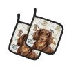Longhaired Chocolate and Tan Dachshund Coffee Bar Pair of Pot Holders Pair 7.5x7.5 Quilted Insulated Hot Pads Decorative Kitchen Gift Made in USA