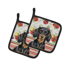 Longhaired Black and Tan Dachshund Vegetables Pair of Pot Holders Pair 7.5x7.5 Quilted Insulated Hot Pads Decorative Kitchen Gift Made in USA