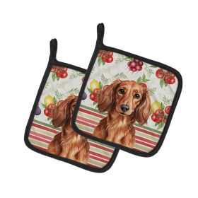 Longhaired Red Dachshund Vegetables Pair of Pot Holders Pair 7.5x7.5 Quilted Insulated Hot Pads Decorative Kitchen Gift Made in USA