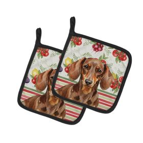 Chocolate and Tan Dachshund Vegetables Pair of Pot Holders Pair 7.5x7.5 Quilted Insulated Hot Pads Decorative Kitchen Gift Made in USA