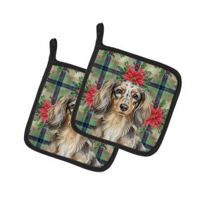 Longhaired Dapple Dachshund Christmas PoinsettIas Pair of Pot Holders Pair 7.5x7.5 Quilted Insulated Hot Pads Decorative Kitchen Gift Made in USA