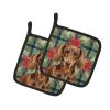 Chocolate and Tan Dachshund Christmas PoinsettIas Pair of Pot Holders Pair 7.5x7.5 Quilted Insulated Hot Pads Decorative Kitchen Gift Made in USA