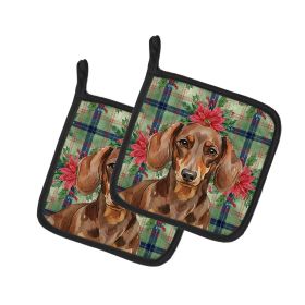 Chocolate and Tan Dachshund Christmas PoinsettIas Pair of Pot Holders Pair 7.5x7.5 Quilted Insulated Hot Pads Decorative Kitchen Gift Made in USA