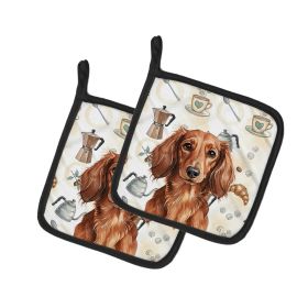 Longhaired Red Dachshund Coffee Bar Pair of Pot Holders Pair 7.5x7.5 Quilted Insulated Hot Pads Decorative Kitchen Gift Made in USA