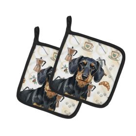 Wirehaired Black and Tan Dachshund Coffee Bar Pair of Pot Holders Pair 7.5x7.5 Quilted Insulated Hot Pads Decorative Kitchen Gift Made in USA