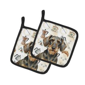Wirehaired Wild Boar Dachshund Coffee Bar Pair of Pot Holders Pair 7.5x7.5 Quilted Insulated Hot Pads Decorative Kitchen Gift Made in USA