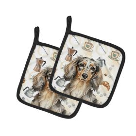 Longhaired Dapple Dachshund Coffee Bar Pair of Pot Holders Pair 7.5x7.5 Quilted Insulated Hot Pads Decorative Kitchen Gift Made in USA