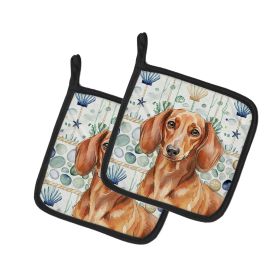 Red Brown Dachshund Coastal Sea Glass Pair of Pot Holders Pair 7.5x7.5 Quilted Insulated Hot Pads Decorative Kitchen Gift Made in USA