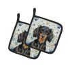 Longhaired Black and Tan Dachshund Coastal Sea Glass Pair of Pot Holders Pair 7.5x7.5 Quilted Insulated Hot Pads Decorative Kitchen Gift Made in USA