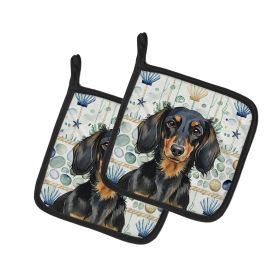 Longhaired Black and Tan Dachshund Coastal Sea Glass Pair of Pot Holders Pair 7.5x7.5 Quilted Insulated Hot Pads Decorative Kitchen Gift Made in USA