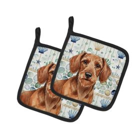 Wirehaired Red Dachshund Coastal Sea Glass Pair of Pot Holders Pair 7.5x7.5 Quilted Insulated Hot Pads Decorative Kitchen Gift Made in USA