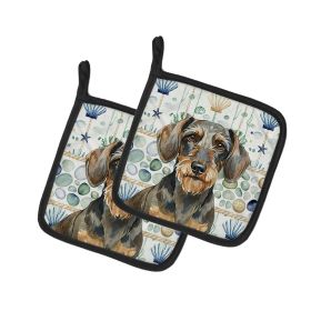 Wirehaired Wild Boar Dachshund Coastal Sea Glass Pair of Pot Holders Pair 7.5x7.5 Quilted Insulated Hot Pads Decorative Kitchen Gift Made in USA