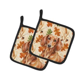 Red Brown Dachshund Heirloom Fall Pair of Pot Holders Pair 7.5x7.5 Quilted Insulated Hot Pads Decorative Kitchen Gift Made in USA