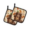 Longhaired Chocolate and Tan Dachshund Heirloom Fall Pair of Pot Holders Pair 7.5x7.5 Quilted Insulated Hot Pads Decorative Kitchen Gift Made in USA