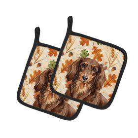 Longhaired Chocolate and Tan Dachshund Heirloom Fall Pair of Pot Holders Pair 7.5x7.5 Quilted Insulated Hot Pads Decorative Kitchen Gift Made in USA