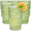 Vintage Ribbed Green Drinking Glasses Set of 6-13 oz Embossed Glass Cups for Water, Iced Tea, Cocktails - Colored Glassware for Kitchen, Vintage Tumbl