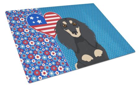 Longhair Black and Cream Dachshund USA American Glass Cutting Board Decorative Tempered Glass Kitchen Cutting and Serving Board Large Size Chopping Bo