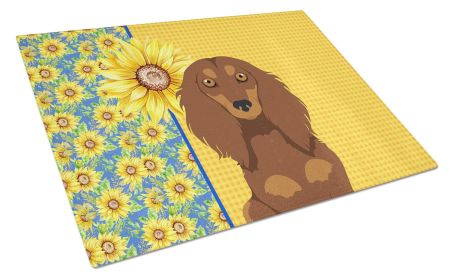 Summer Sunflowers Longhair Chocolate and Tan Dachshund Glass Cutting Board Decorative Tempered Glass Kitchen Cutting and Serving Board Large Size Chop
