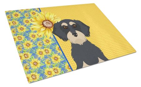 Summer Sunflowers Wirehair Black and Cream Dachshund Glass Cutting Board Decorative Tempered Glass Kitchen Cutting and Serving Board Large Size Choppi