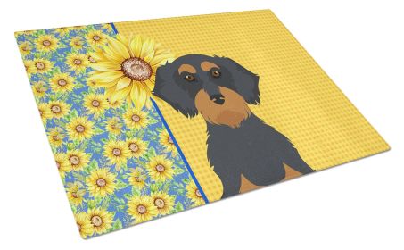 Summer Sunflowers Wirehair Black and Tan Dachshund Glass Cutting Board Decorative Tempered Glass Kitchen Cutting and Serving Board Large Size Chopping