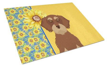 Summer Sunflowers Wirehair Red and Tan Dachshund Glass Cutting Board Decorative Tempered Glass Kitchen Cutting and Serving Board Large Size Chopping B