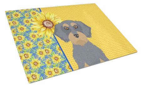 Summer Sunflowers Wirehair Blue and Tan Dachshund Glass Cutting Board Decorative Tempered Glass Kitchen Cutting and Serving Board Large Size Chopping