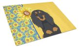 Summer Sunflowers Longhair Black and Tan Dachshund Glass Cutting Board Decorative Tempered Glass Kitchen Cutting and Serving Board Large Size Chopping