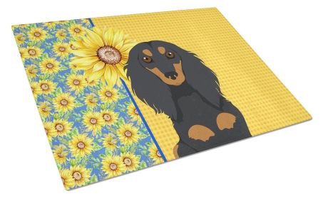 Summer Sunflowers Longhair Black and Tan Dachshund Glass Cutting Board Decorative Tempered Glass Kitchen Cutting and Serving Board Large Size Chopping