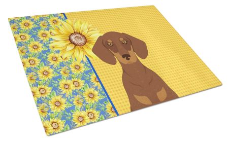 Summer Sunflowers Chocolate and Tan Dachshund Glass Cutting Board Decorative Tempered Glass Kitchen Cutting and Serving Board Large Size Chopping Boar