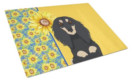 Summer Sunflowers Longhair Black and Cream Dachshund Glass Cutting Board Decorative Tempered Glass Kitchen Cutting and Serving Board Large Size Choppi