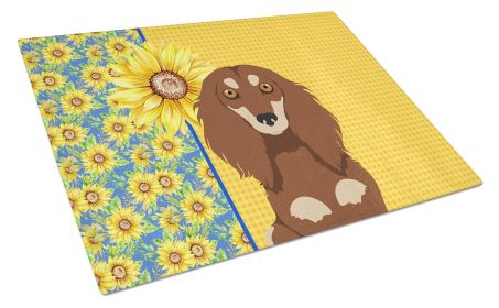 Summer Sunflowers Longhair Chocolate and Cream Dachshund Glass Cutting Board Decorative Tempered Glass Kitchen Cutting and Serving Board Large Size Ch